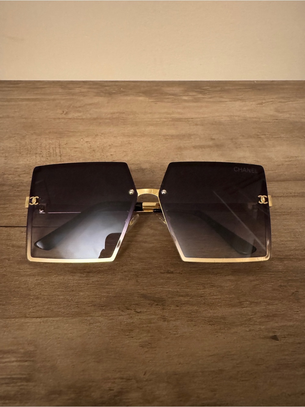 CHANEL Square Gradient Black and Gold Rim Sunglasses